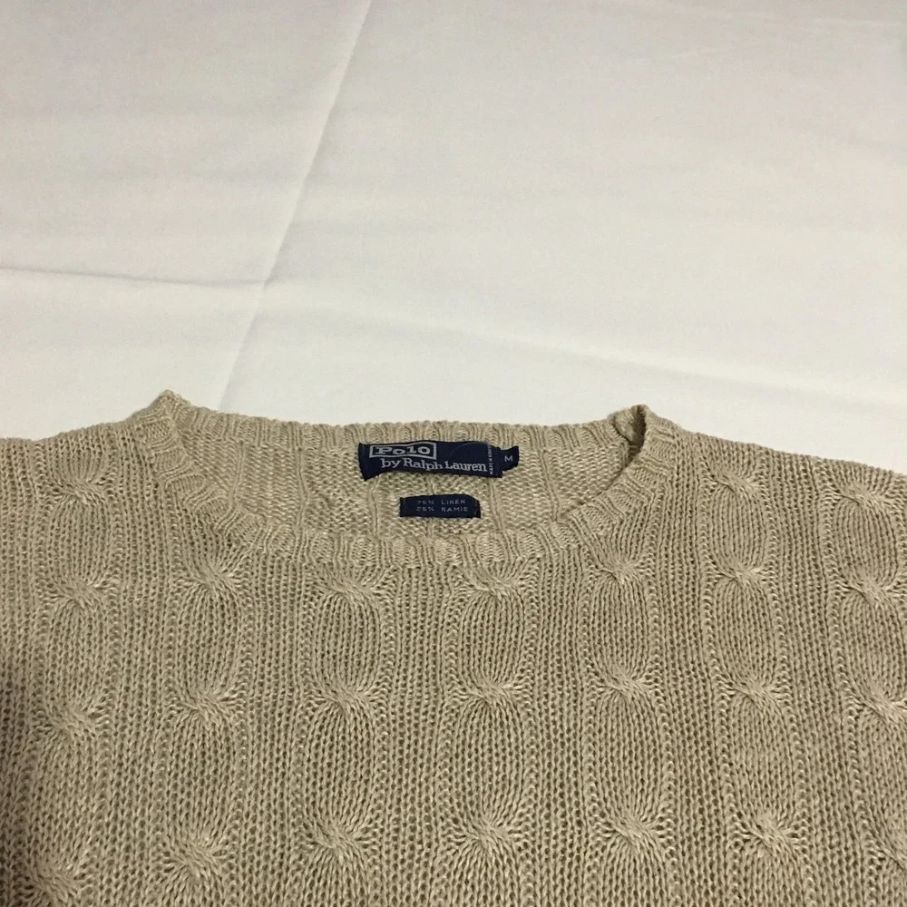 Polo Ralph Lauren Sweater Mens Medium Beige Linen Ramie Cable Knit